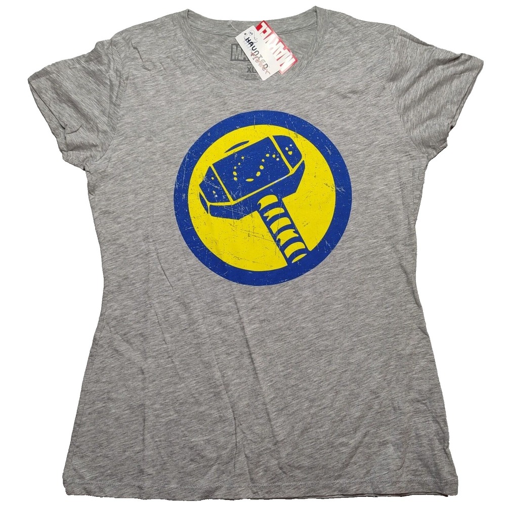 MARVEL Mjolnir The Mighty THORS HAMMER Juniors XL  Heather Gray T-Shirt‎ NEW